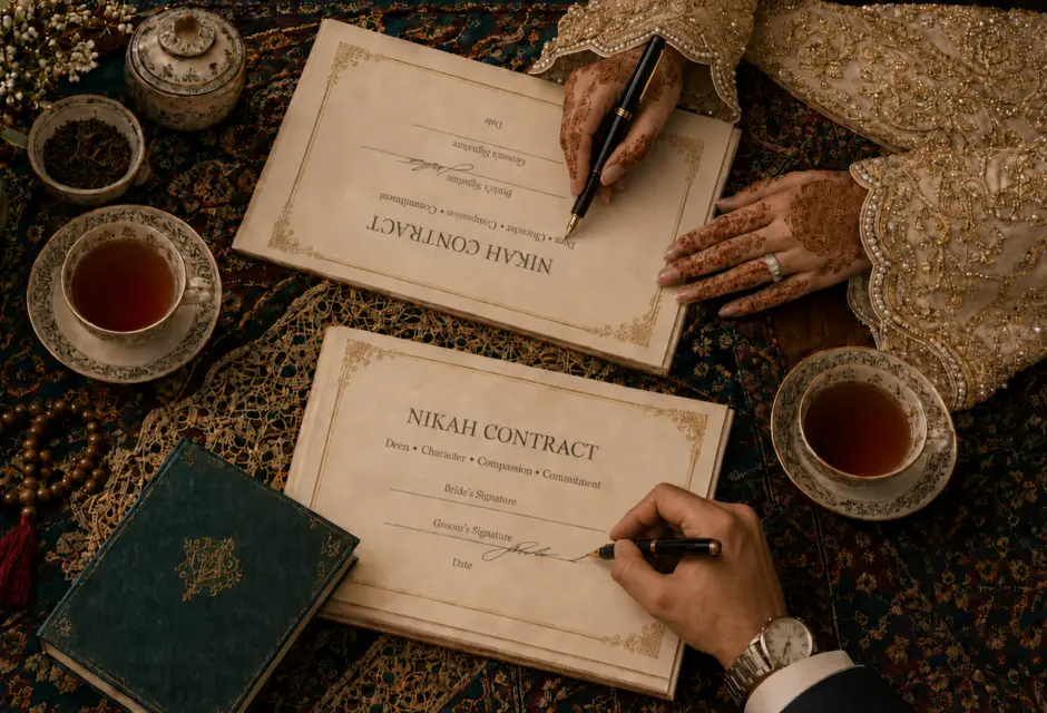 A Muslim bride and groom signing their Nikah contracts at an elegant table, with each contract facing its signer