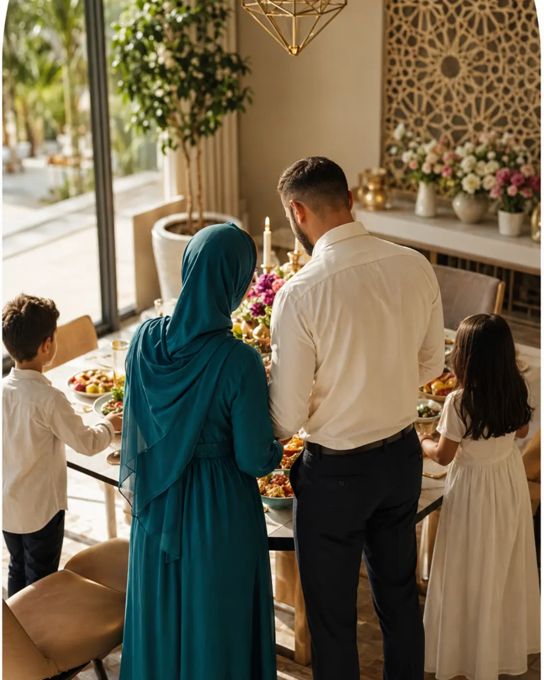 A warm Muslim family gathered closely around a shared meal, photographed without clearly revealed faces