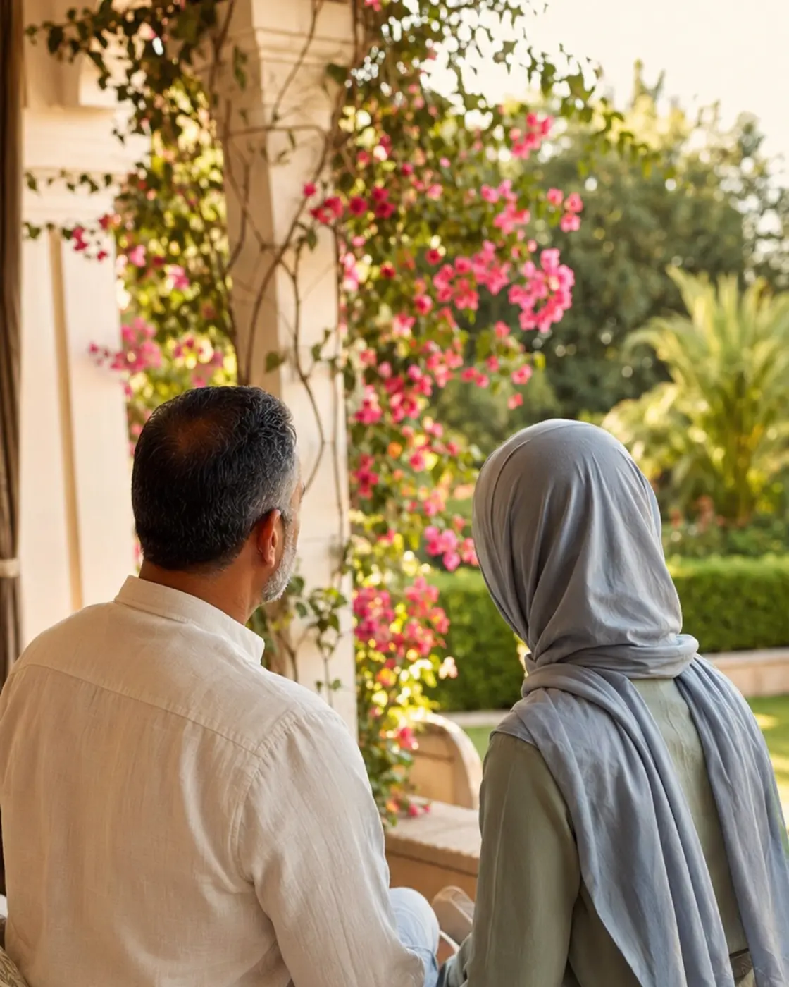 A mature Cape Malay Muslim couple seated closely together on a flower-filled veranda, photographed from behind