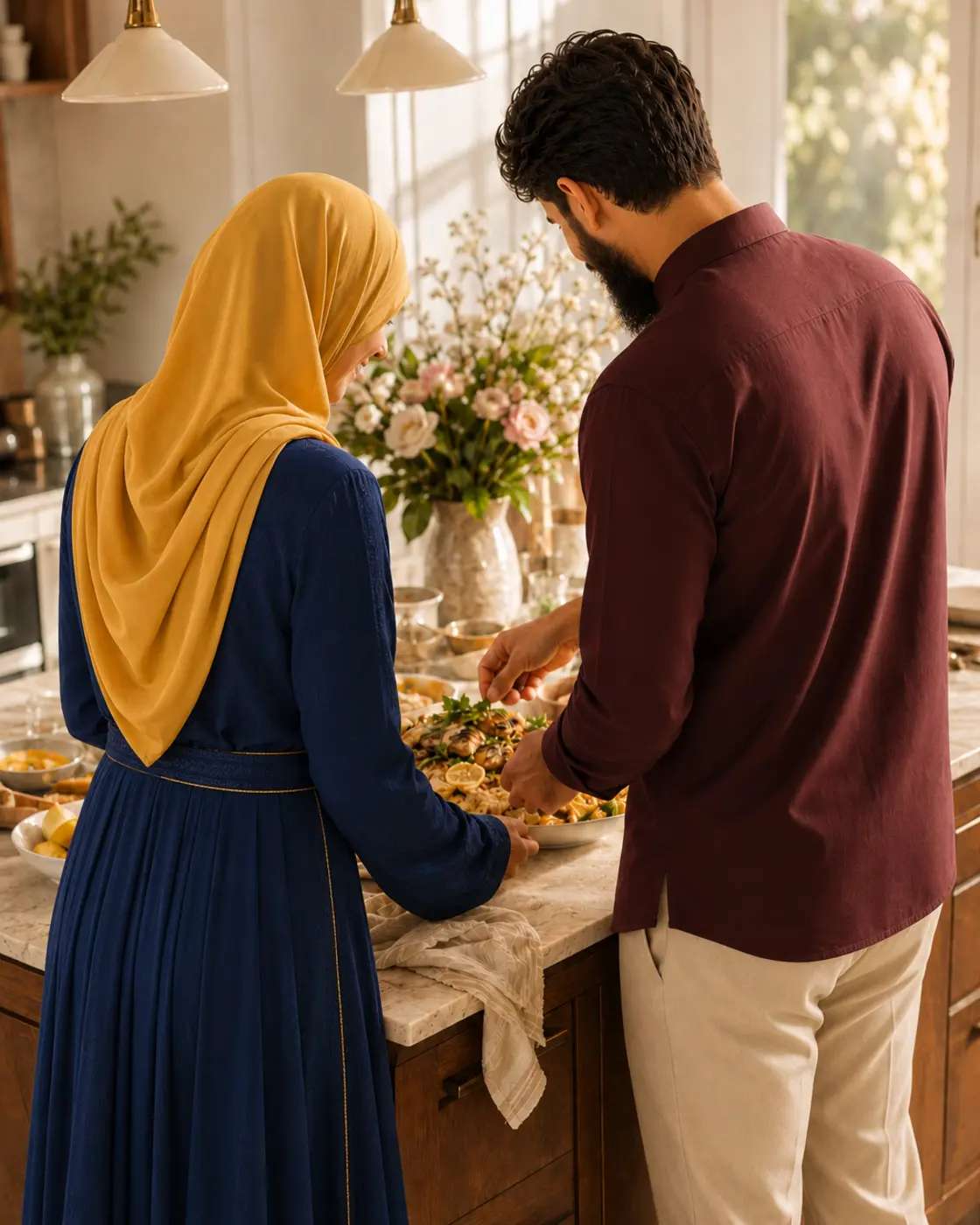 A modestly dressed Muslim couple preparing food closely together in a warm kitchen, photographed from behind