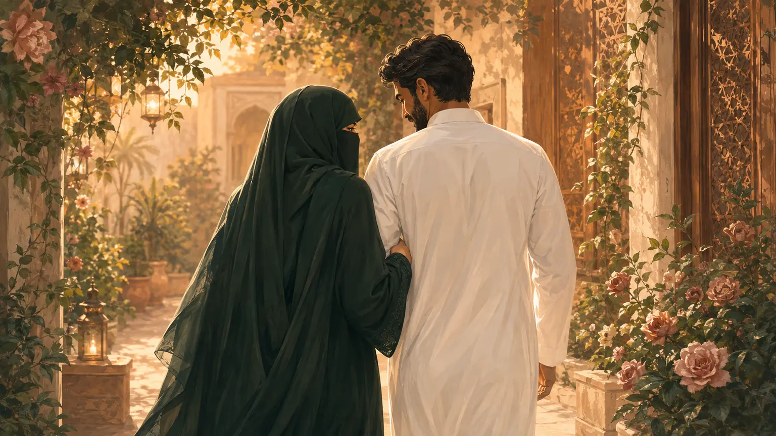 Warm editorial illustration of a niqabi Muslim woman walking closely beside her husband in a white thobe